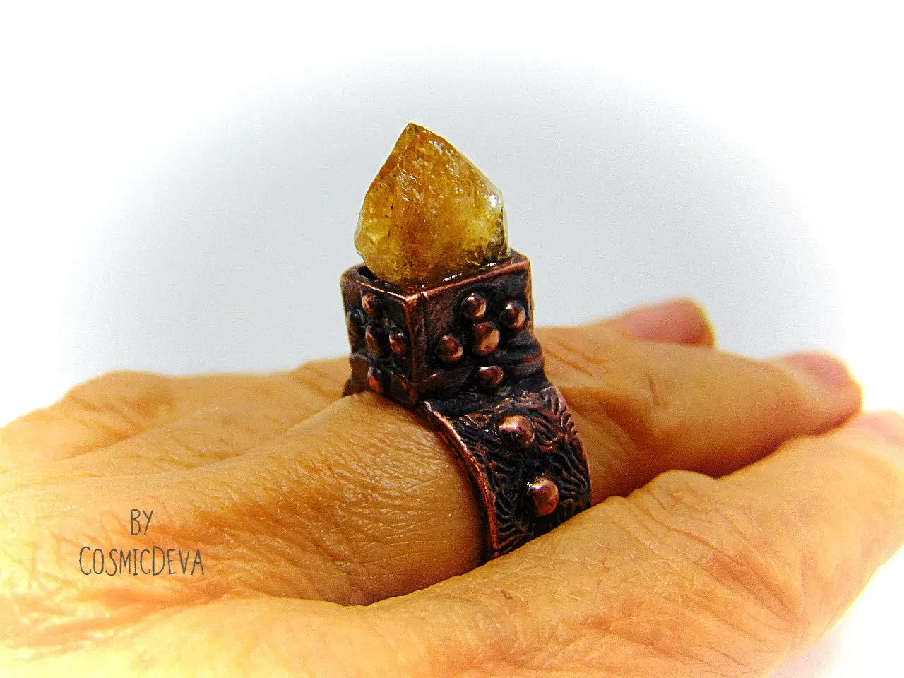 Raw Citrine Crystal Point Medieval Copper Ring, US Size 6.5 Ring