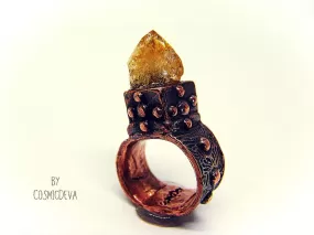 Raw Citrine Crystal Point Medieval Copper Ring, US Size 6.5 Ring