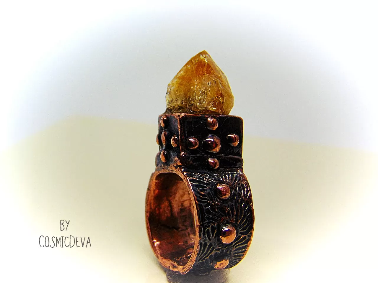 Raw Citrine Crystal Point Medieval Copper Ring, US Size 6.5 Ring