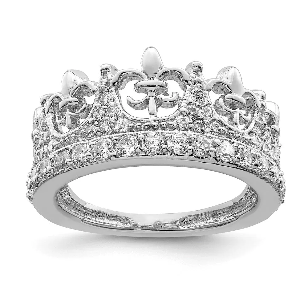 Rhodium-Plated Fleur-de-lis Crown CZ Ring in Sterling Silver