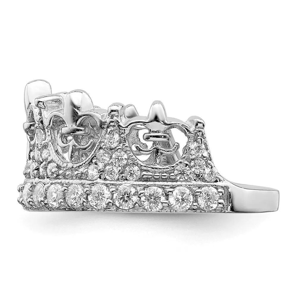 Rhodium-Plated Fleur-de-lis Crown CZ Ring in Sterling Silver