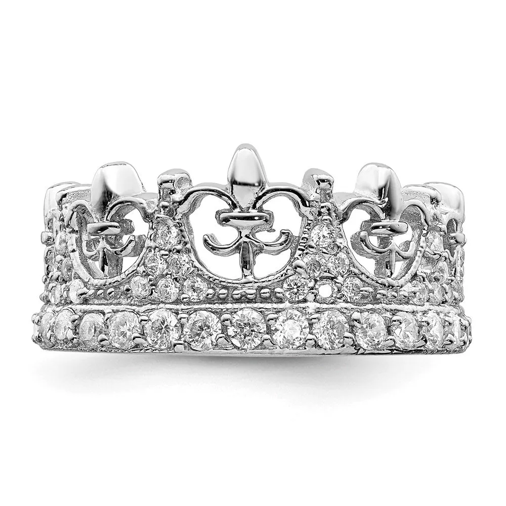 Rhodium-Plated Fleur-de-lis Crown CZ Ring in Sterling Silver