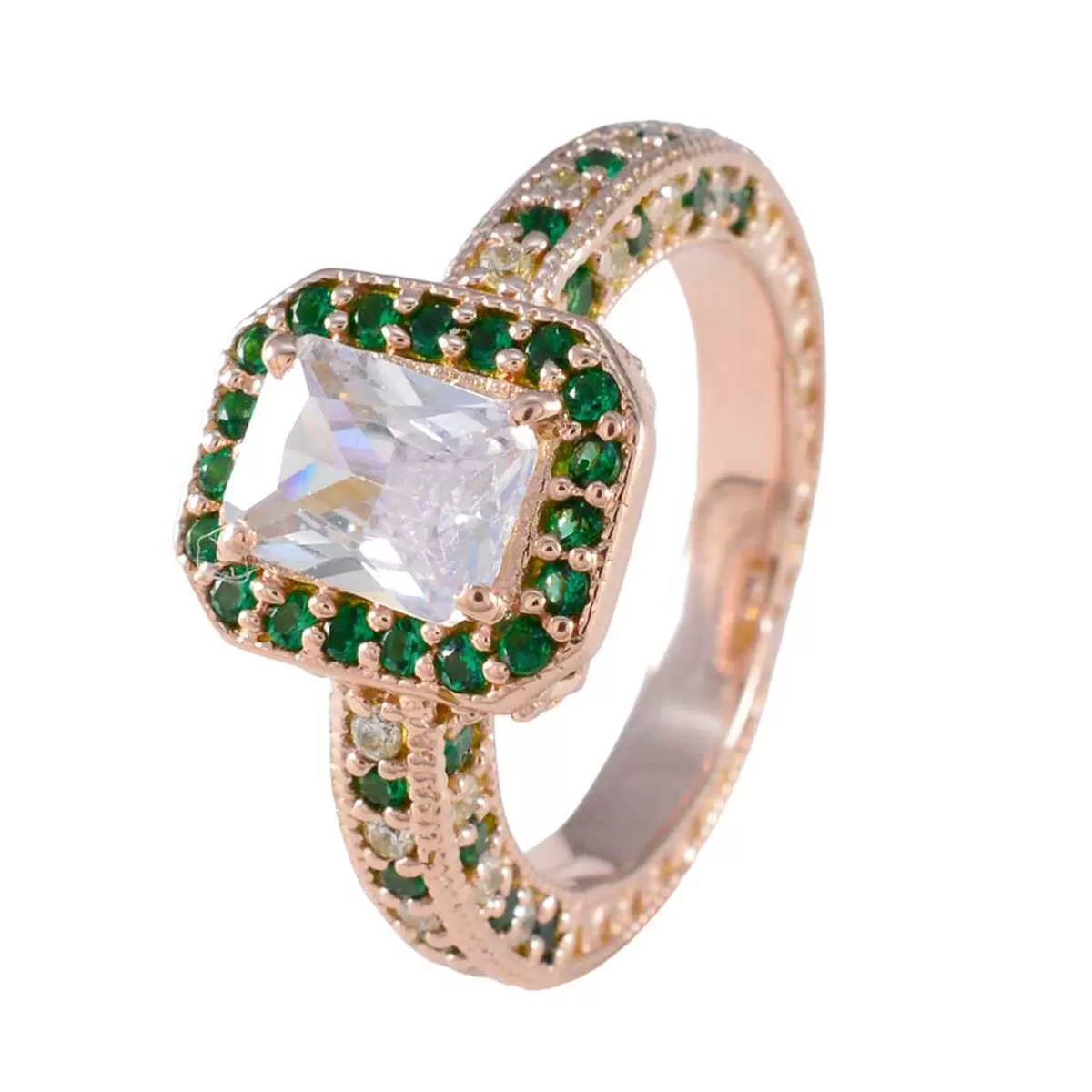 Riyo Exporter Silver Ring With Rose Gold Plating Emerald CZ Stone Octagon Shape Prong Setting Fashion Jewelry Black Friday Ring