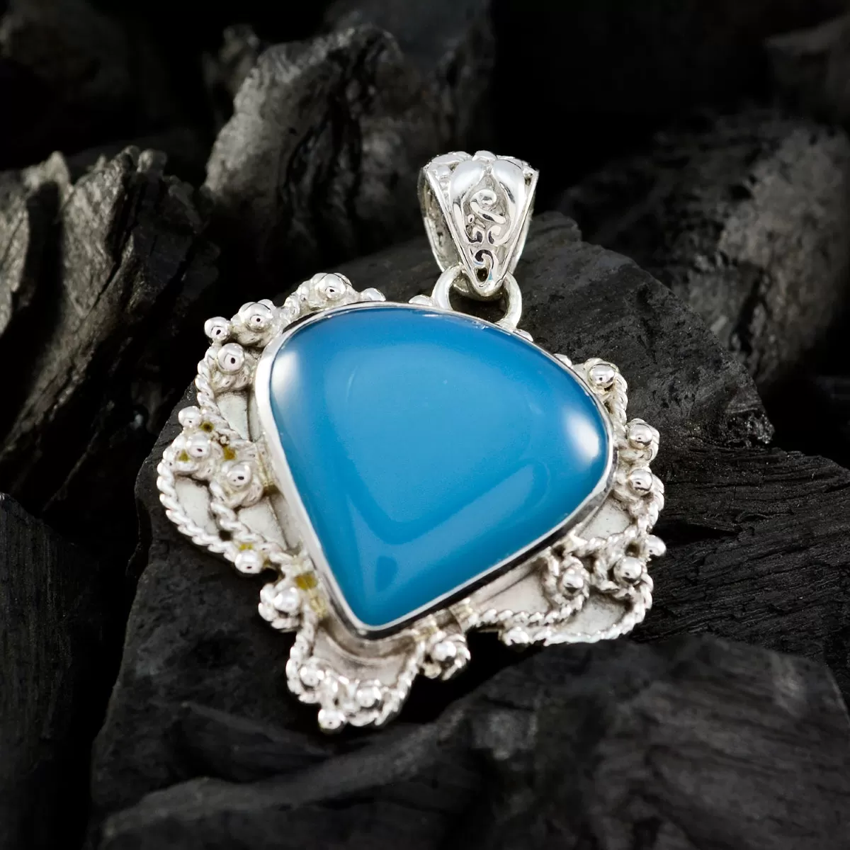 Riyo Genuine Gems Pear Cabochon Blue Chalcedony Sterling Silver Pendant gift for new years day