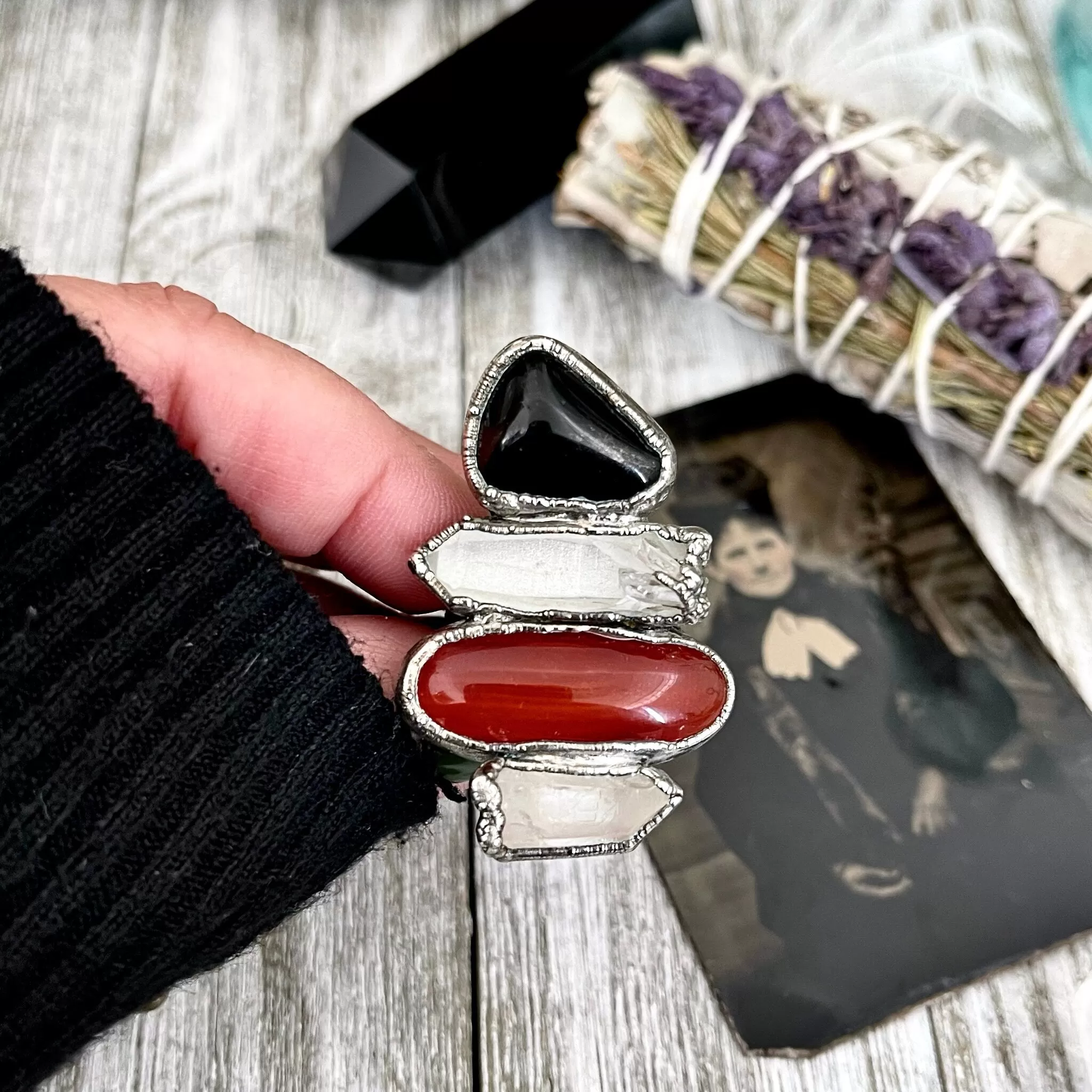 Size 10 Crystal Ring - Four Stone Black Onyx Red Carnelian Clear Quartz Ring In Silver  / Foxlark - One of a Kind /