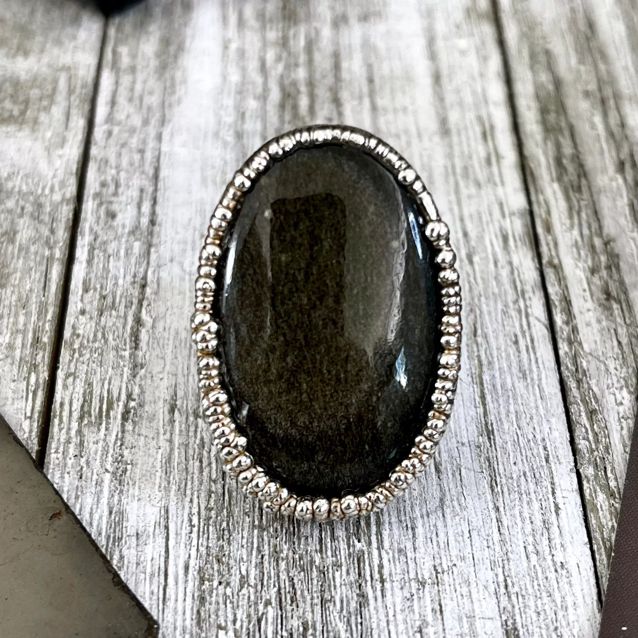 Size 7 Silver Sheen Obsidian Statement Ring in fine Silver / Foxlark Collection - One of a Kind