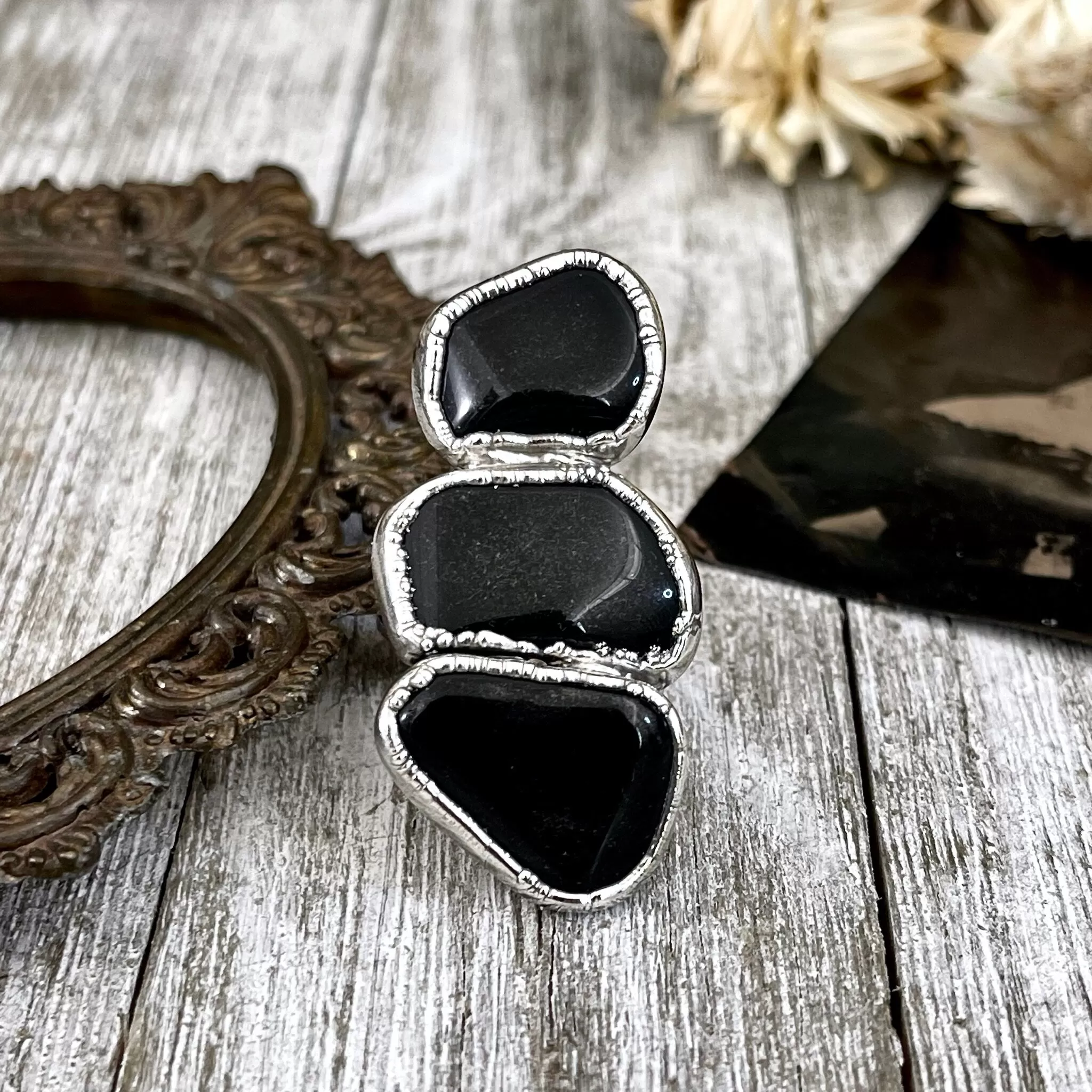 Size 8 Crystal Ring - Three Stone Ring Black Onyx Ring in Silver / Foxlark Collection - One of a Kind