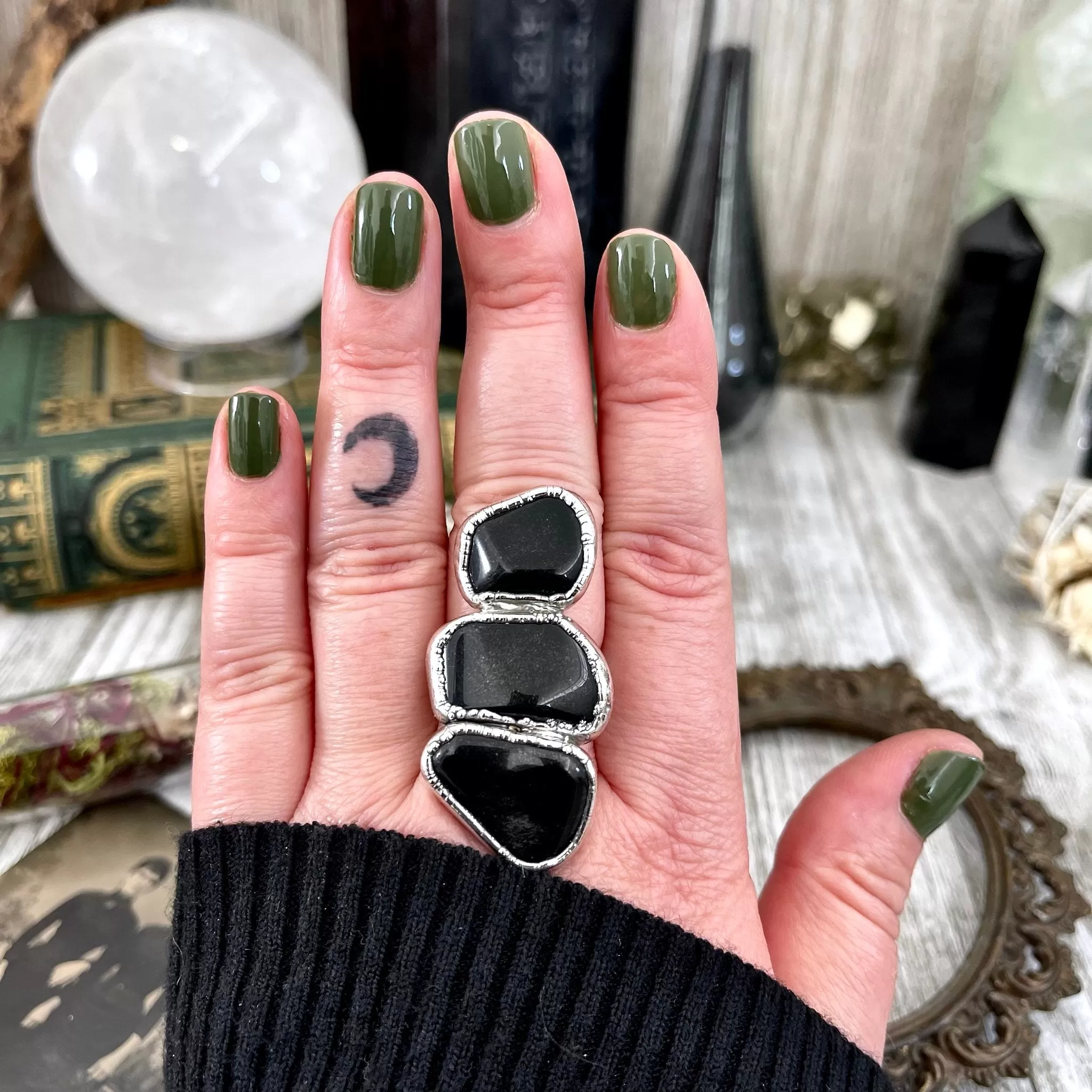 Size 8 Crystal Ring - Three Stone Ring Black Onyx Ring in Silver / Foxlark Collection - One of a Kind