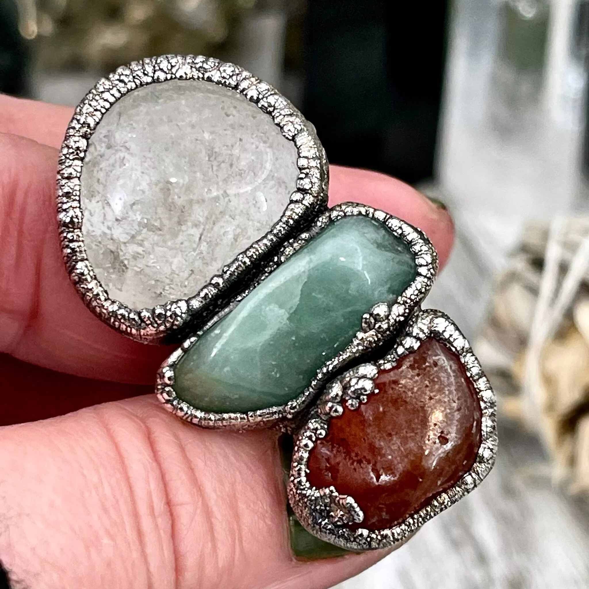 Size 9.5 Crystal Ring - Three Stone Red Carnelian Clear Quartz Aventurine Silver Ring / Foxlark Collection - One of a Kind