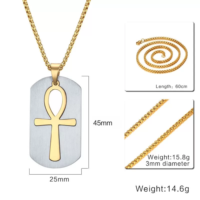 Stainless Steel Dog Tag Cut Out Ankh Cross Pendant Necklace