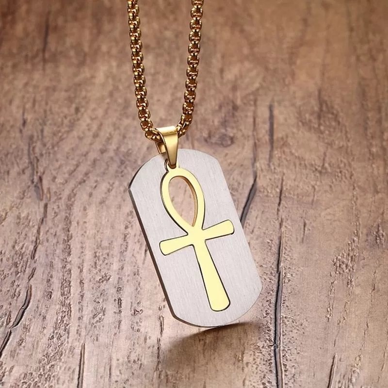 Stainless Steel Dog Tag Cut Out Ankh Cross Pendant Necklace