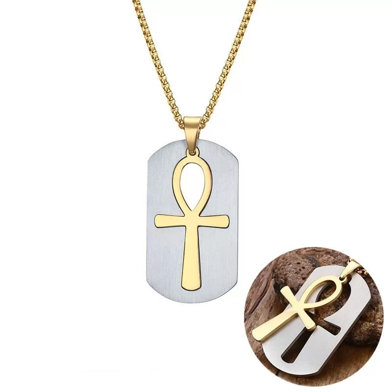 Stainless Steel Dog Tag Cut Out Ankh Cross Pendant Necklace