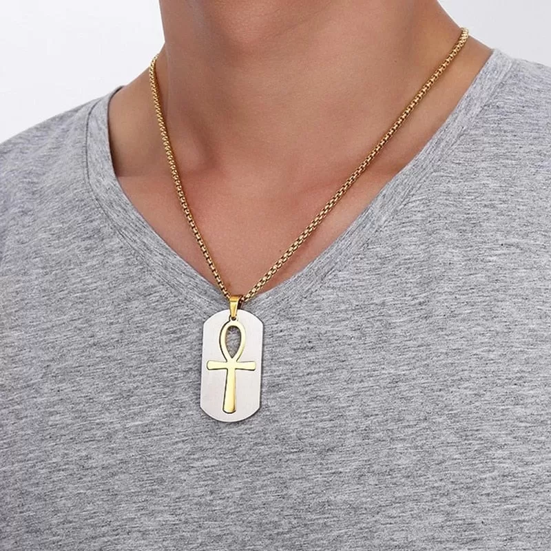 Stainless Steel Dog Tag Cut Out Ankh Cross Pendant Necklace