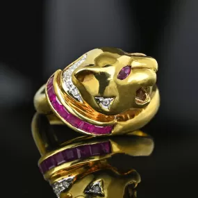 Statement Retro 14K Gold Ruby Diamond Panther Ring