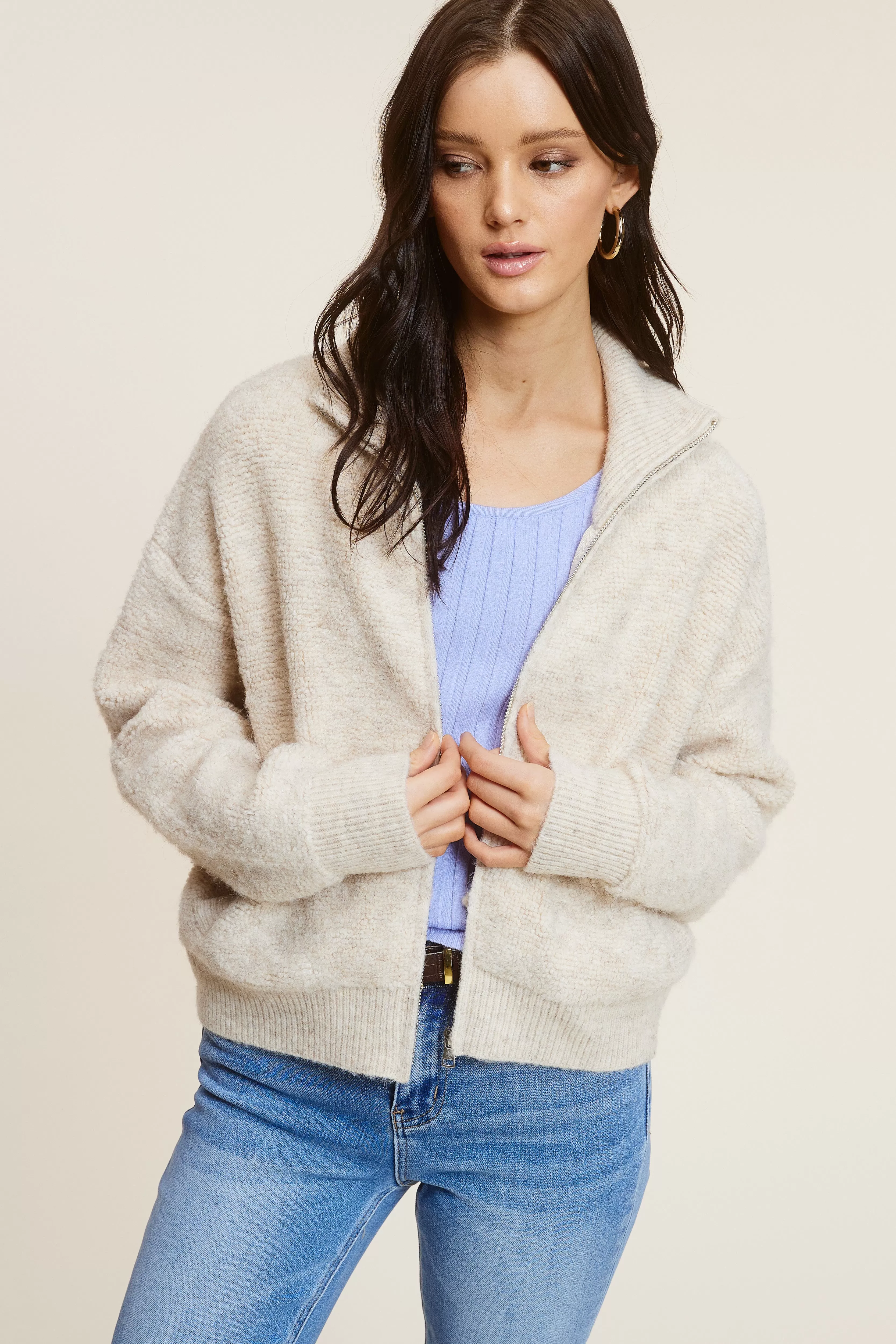 Taupe Knit Zip-Up