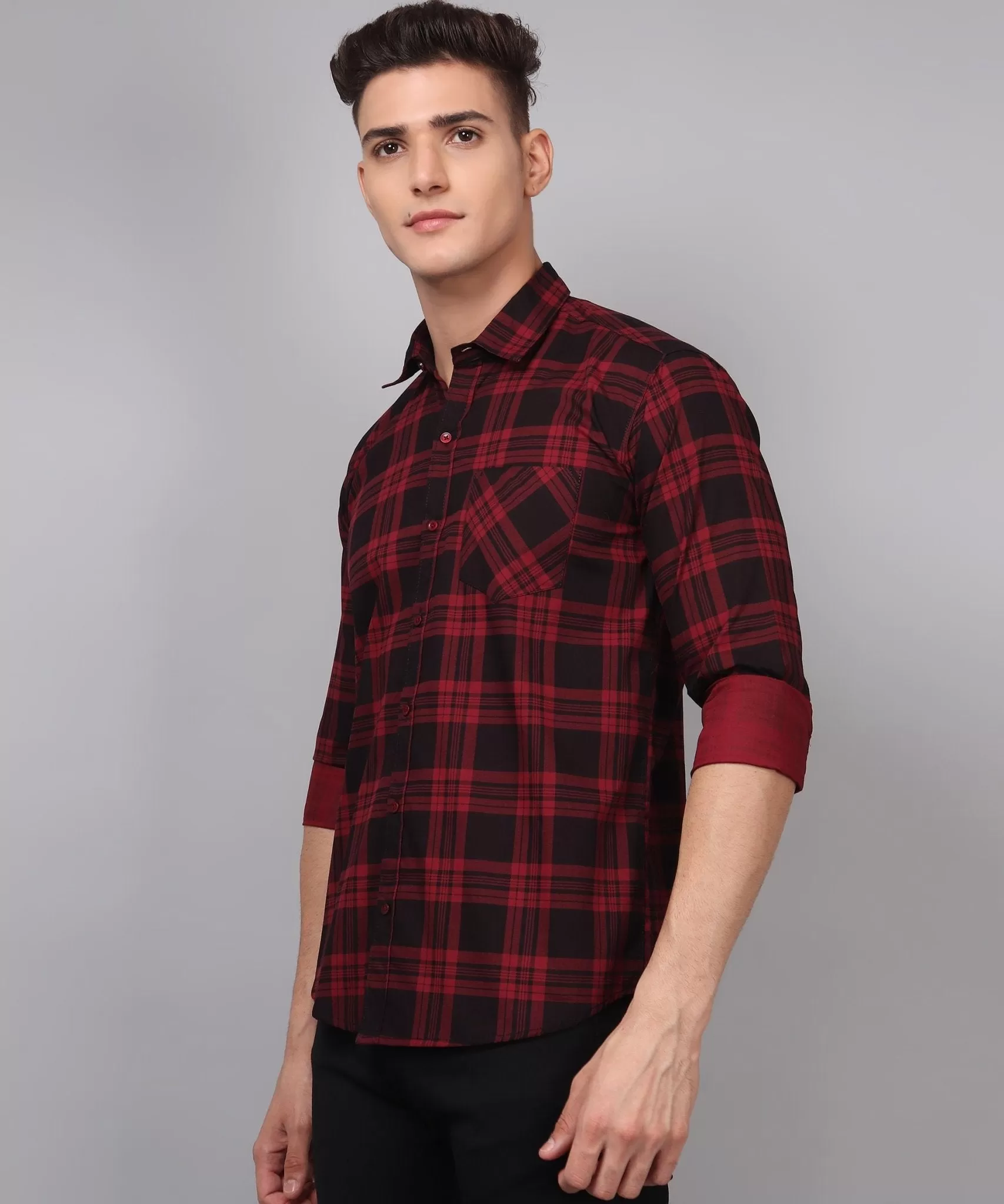 TryBuy Premium Red Black Checks Button-Up Shirt For Men