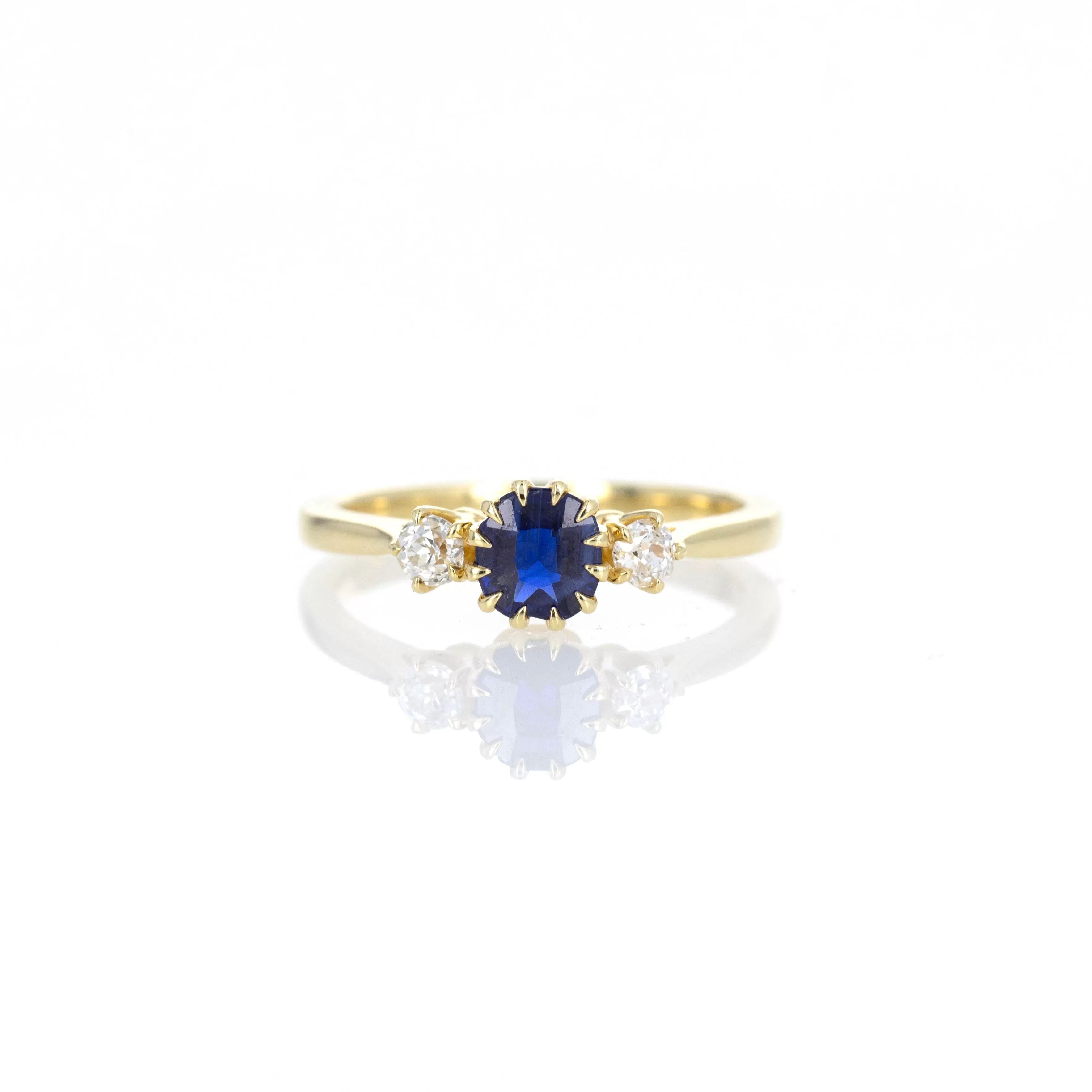 Victorian Inspired 0.62 Carat Natural Sapphire Diamond Three Stone Ring