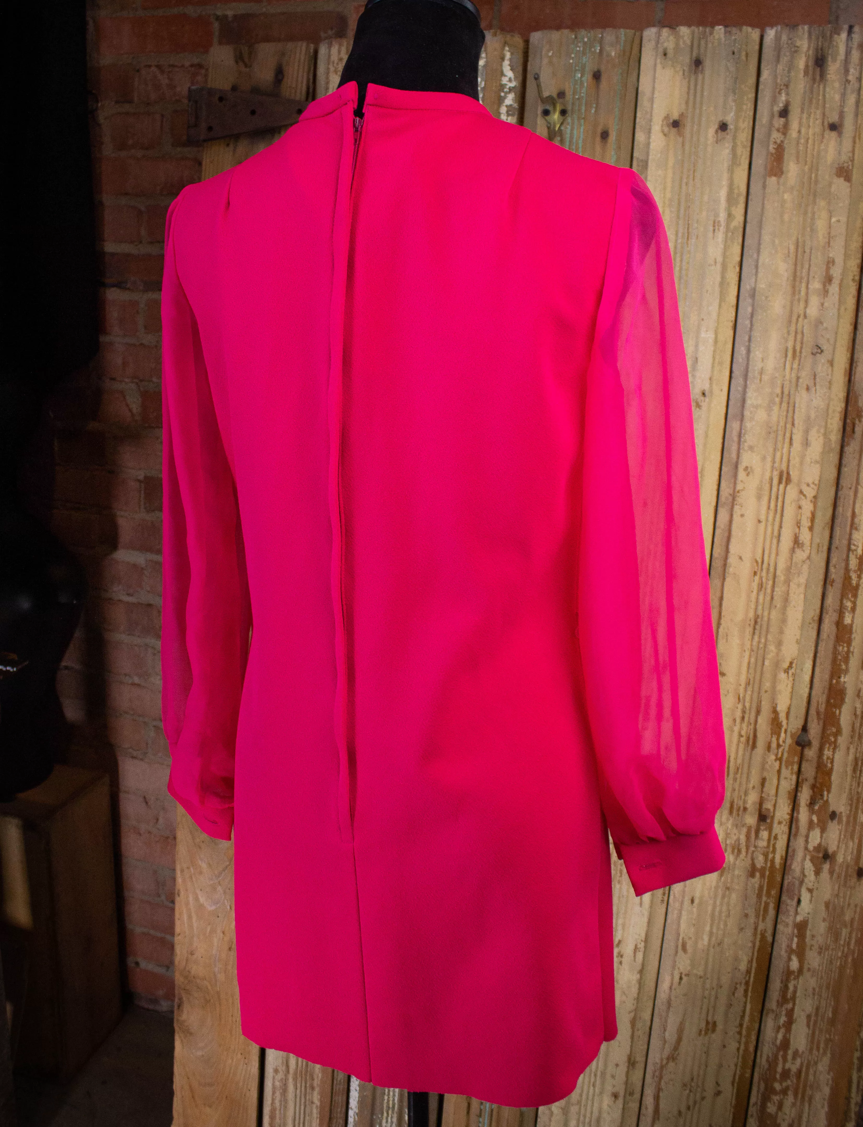 Vintage Fuchsia Sheer Sleeve Mini Dress 1970s M