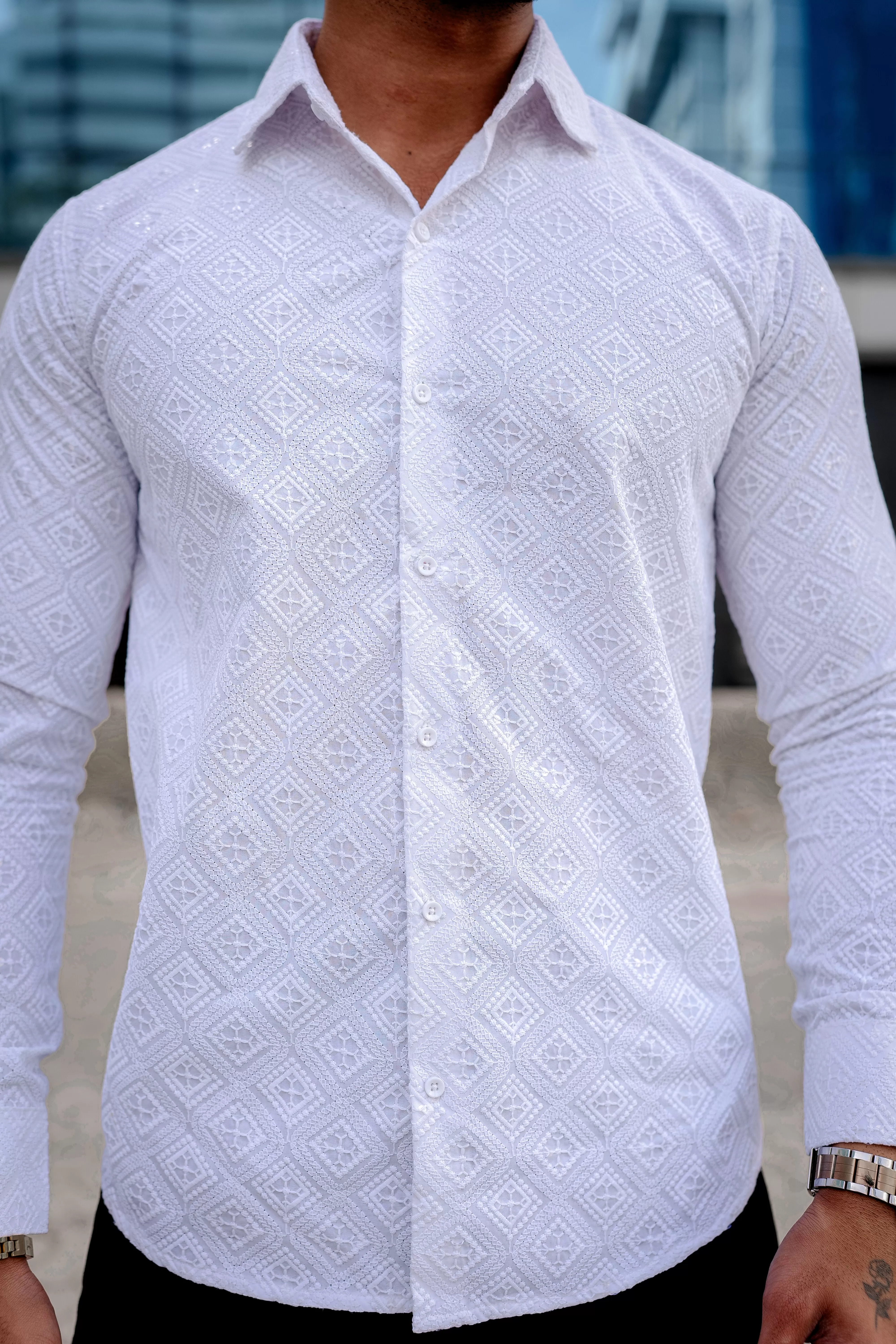 VOZIA Spark White Chikankari Button-Up Men's Shirt