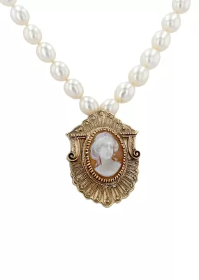 White Pearl necklace gold 14k cameo pendant.