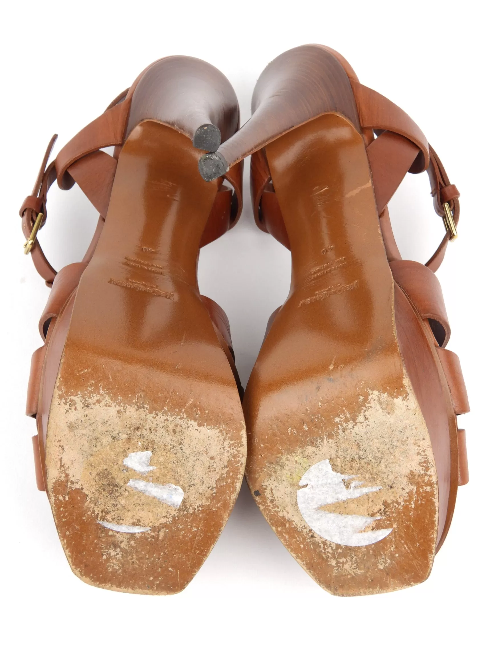 Yves Saint Laurent Brown Leather Platform T-Strap Tribute Sandals - 40 IT