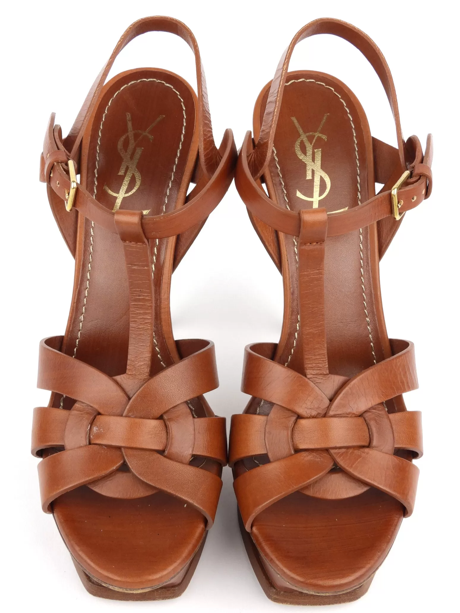 Yves Saint Laurent Brown Leather Platform T-Strap Tribute Sandals - 40 IT